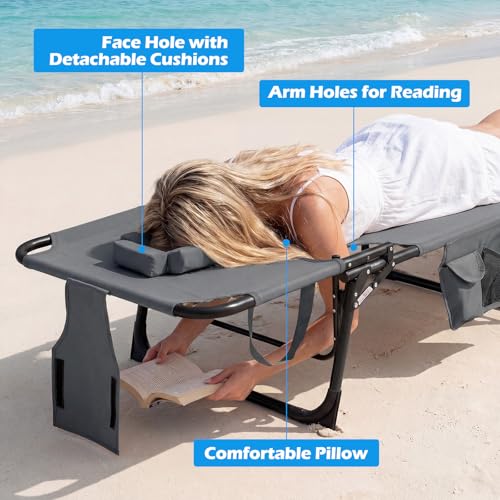 COSTWAY Tanning Chair with Face Hole, Folding Beach Lounge Chair with 4-Position Adjustable Backrest, Pillow & Side Pocket, Foldable Chaise Lounge Chair Outdoor for Sunbathing, Camping (1, Grey) - color: Grey