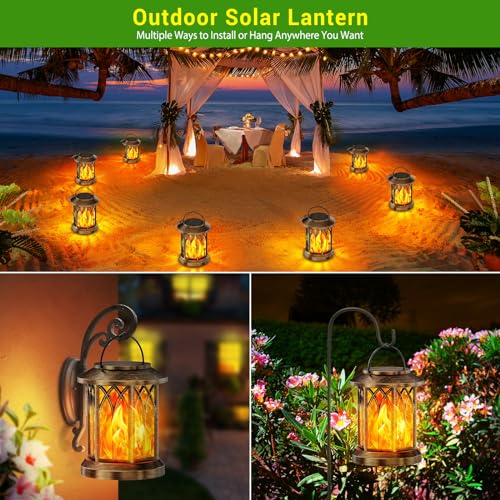 KOOPER 4 Pack Solar Lanterns Outdoor Waterproof, Upgraded Flickering Flame Solar Lantern Lights, Auto On/Off Lanterns Decorative Outdoor, Outdoor Hanging Lantern for Yard Garden Table Decor (Bronze ) - size: 4 Pack, style: Flame