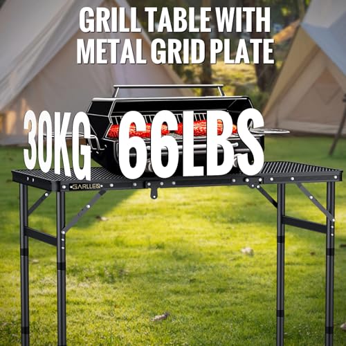 GARLLEN Folding Grill Table Max Capacity 66lbs, 3 Adjustable Height Portable Folding Camping Table with Heat-Resistant Mesh Tabletop, Aluminum Picnic Table for Outdoor, BBQ, Camping, 34.2"L x 15.7"W - color: Black, size: Tabletop Size: 34.2"l X 15.7"w