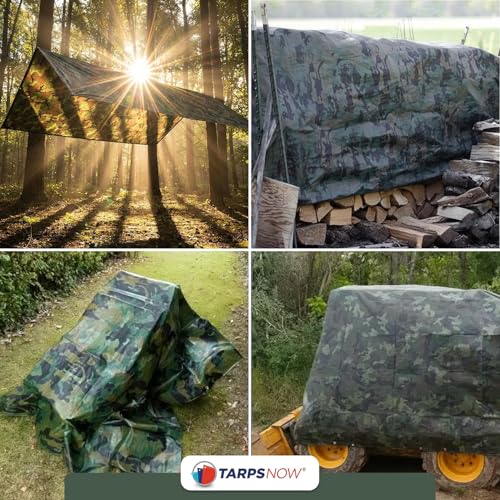 Tarps Now 16x20 ft Heavy Duty Camo Tarpaulin – 8 MIL Waterproof Camouflage Plastic Tarps with Aluminum Grommets, Reinforced Edges & Tear Resistant Cover for Camping, Roofing, Construction, Outdoor Use - size: 16' x 20'