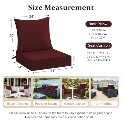downluxe 24x24 Outdoor Chair Cushions, Waterproof Fade Resistant Patio Furniture Cushions with Handle & Removable Cover, Deep Seat Outdoor Cushions for Sofa, Couch and Patio Chairs, Burgundy - color: Burgundy, size: 24 x 24 Inch