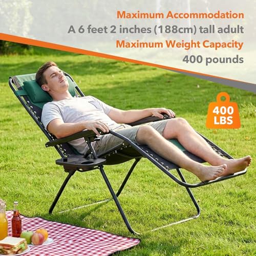 Simple Deluxe Relaxing Recliners Patio Chairs Adjustable Steel Mesh Zero Gravity Lounge Chair Beach Chairs with Pillow and Cup Holder, Black Green - color: Black Green, size: 62.2"(L) x 29.13"(W) x 41.73"(H)