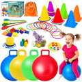 JOY SPOT! Carnival Outdoor Games Combo Set for Kids, 18 Inch Hopper Balls with Handles, Ring Toss, Bean Bags, Egg Spoon Relay Race, Fun for Backyard, Field Day, School, Birthday Parties, Family Events - style: Deluxe