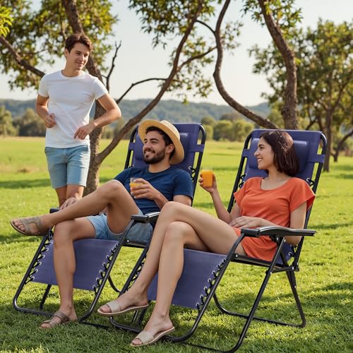 Homall Zero Gravity Chair Patio Folding Lawn Outdoor Lounge Gravity Camp Reclining Lounge Chair with Cup Holder Pillows for Poolside Backyard and Beach Set of 2 (Blue) - color: Blue, size: 2 PCS