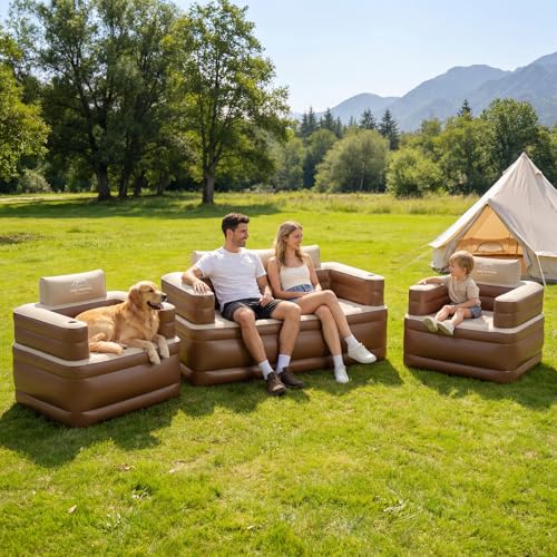 Inflatable Couch Set with Cup Holders & Pump, Velvety Air Sofa (1 Loveseat 60"x32"x34" & 2 Chairs 41"x32"x34") for Camping & Home - size: L+2 Set
