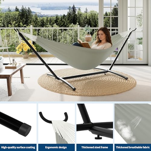 Double Hammocks with Stand for Outside, Portable Space Saving Heavy-Duty Steel Stand for Indoor Outdoor Patio with Carrying Bag, 450 lbs Capacity - color: Light Gray