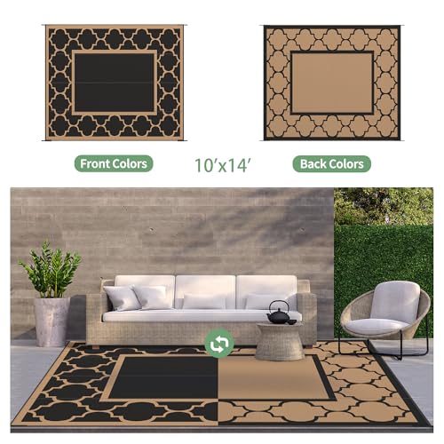 GENIMO 10 ' x 14 ' Outdoor Rug Waterproof for Patio Decor, Foldable Reversible Plastic Straw Area Rugs Mat for Camper, Outside Carpet for Rv, Deck, Porch, Picnic, Beach, Balcony, Black & Brown - color: Black&brown, size: 10' x 14' (Rectangular)
