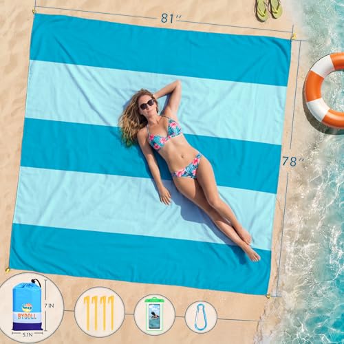 BYDOLL Beach Blanket 78''X81'' Waterproof Sandproof Suits1-4 Adults Oversized Lightweight Large Blanket Picnic Mat for Beach Sand Free Travel Camping Hiking Picnic - color: Cyan Mix, size: 78"X81"
