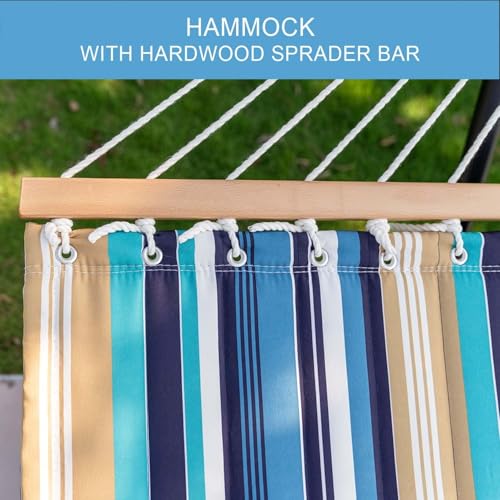Lazy Daze Hammocks 12 FT Quilted Fabric Double Hammock with Spreader Bars and Detachable Pillow, 450lbs Weight Capacity - color: Beach Stripes