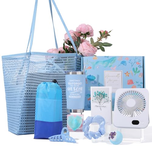 Beferr Mothers Day Beach Gifts Basket for Women, 79" X 83" Beach Blanket Waterproof Sandproof, Beach Mesh Tote Bags, Birthday Baskets for Her Wife Mom Sister Grandma Friend - color: Blue