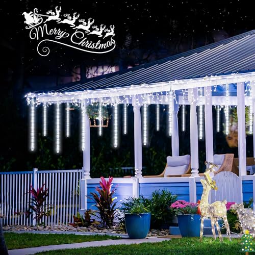 JMEXSUSS 2 Pack Solar Christmas Meteor Shower Lights, 16 Tube 288 LED White Solar Christmas String Lights Outdoor Waterproof for Tree Patio Garden Wedding Party Decorations - color: Cool White, size: 2*144LED