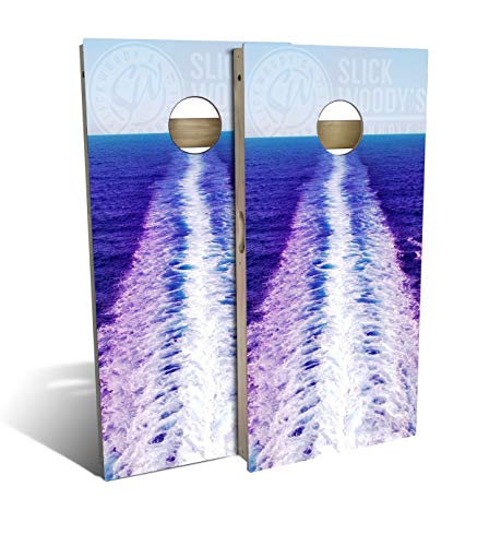 Slick Woody's Professional-Grade Cornhole Boards - 4'x2' Solid Wood Regulation Man Cave + Beer Branded Corn Hole Toss Game with 8 Resin Filled Bags - color: Ocean Wake