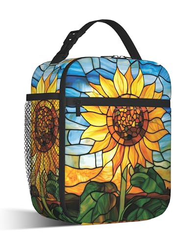 Sunflower Reusable Lunch Bag,Retro Flower Insulated Lunch Box with Side Pockets for Girls Boys Women Portable Thermal Cooler Bag for Teens School,Work,Picnic,Beach - color: Sunflower
