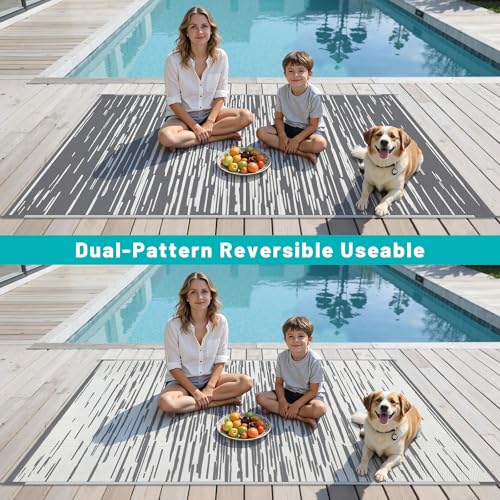 HEBE Outdoor Rug 5'x8' Waterproof, Reversible Plastic Straw Patio Rug Camping Mat, Indoor Outdoor Area Rug Carpet for Patios, Deck, Porch, RV, Camping, Picnic, Balcony - color: Stripe/Grey, size: 5' x 8' (Rectangular)