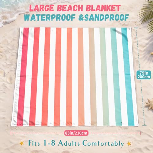 AlphaBeing Beach Blanket Waterproof Sandproof, Extra Large Beach Mat for 1–8 Adults, Oversized Picnic Blanket with 4 Stakes & Storage Bag, Essential Beach Gear for Travel - color: Coralstripes, size: 120“×108”