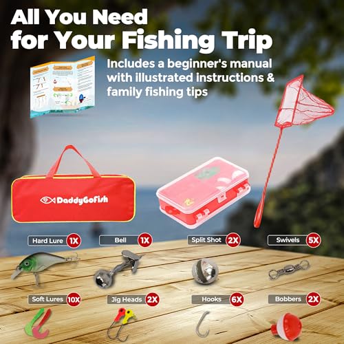 DaddyGoFish Kids Fishing Pole - Rod Reel Combo Tackle Box Starter Set - First Year Small Gear Kit for Boys Girls Toddler Youth Age Beginner Little Children - color: Red (Essential Set), size: 4ft