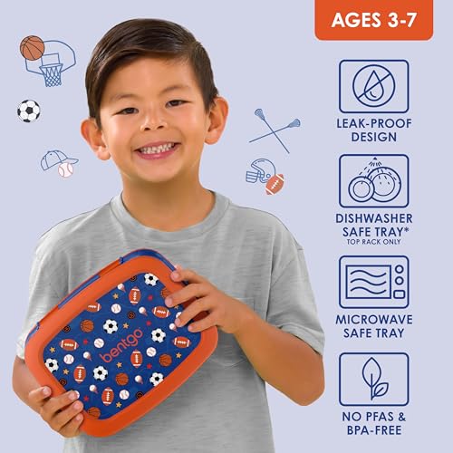 Bentgo Kids Prints Leak-Proof, 5-Compartment Bento-Style Kids Lunch Box - Ideal Portion Sizes for Ages 3-7, Durable, Drop-Proof, Dishwasher Safe, & PFAS & BPA-Free Materials (Sports) - color: Sports