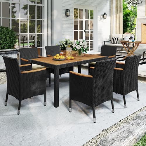 Yaheetech 7 Piece Patio Furniture Set, Outdoor Dining Acacia Wood Table Top Rattan Conversation with Soft Cushions, 6 Chairs & 1 Table for Backyard, Deck, Garden & Yard, Black/Beige