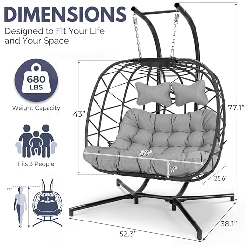 BLUEXYARD 2 Person Wicker Egg Chair with Stand, Extra Large Hanging Swing Hammock Chair Outdoor, Comfortable Patio Double Loveseat with Cushion for Backyard Balcony Indoor, Light Grey - color: Grey/Light Grey, size: 2 Seats (No Cover)