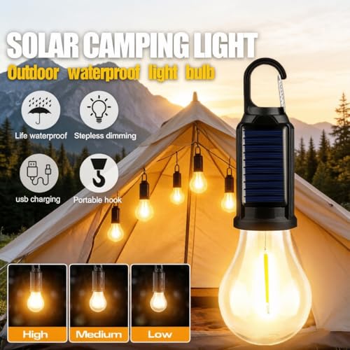 4 Packs Solar Tent Camping Lantern Rechargeable, Portable LED Outdoor Waterproof Emergency Lanterns with 3 Modes, Hanging Tent Light Bulbs with Clip Hook for Camping Hiking Hurricane Outages