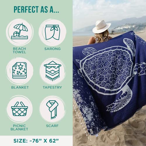 Sand Cloud Large Turkish Beach Towel - Sand Free - 100% Organic Turkish Cotton Yarn - Quick Dry Towel for Beach, Picnic, Blanket or Bath - As Seen on Shark Tank - Marine Life (Navy Crush Turtle) - color: Crush Turtle Navy, size: X-Large