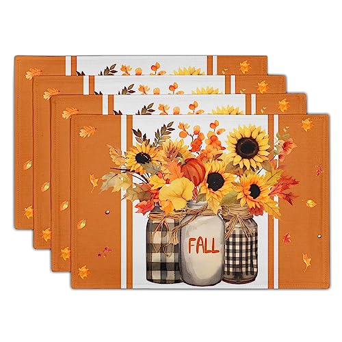 Sunflower Fall Placemats Set of 4, Linen Buffalo Check Plaid Autumn Flower Leaves Table Place Mats for Farmhouse Holiday Harvest Thanksgiving Kitchen Dining Party Decor 12x18 Inch - color: Fall Sunflower