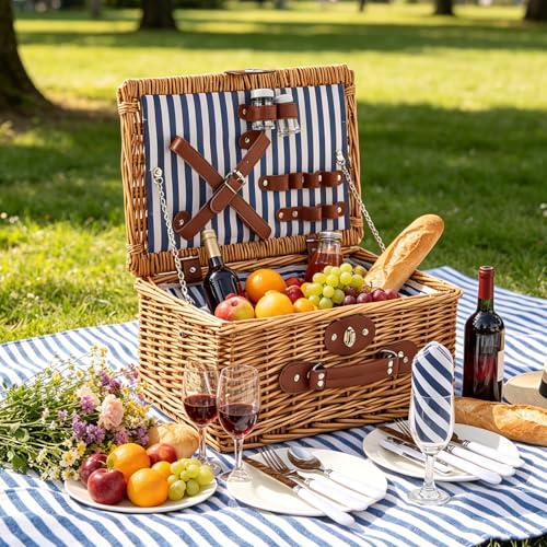 Willow Picnic Basket Set for 2 with Large Insulated Bag and Waterproof Picnic Blanket, Wicker Picnic Hamper for Camping, Outdoor, Birthday, Valentine, Navy - color: Navy With Blanket, size: For 2 Persons