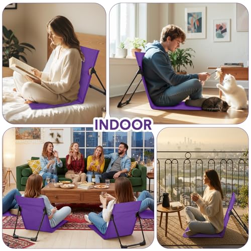 Jetec Foldable Floor Backrest Chair Portable Camping Chair with Storage Bag Light Weight Lazy Seat for Indoor Outdoor Bed Ground Park Lawn Concerts Beach Hiking - color: Purple, size: Regular