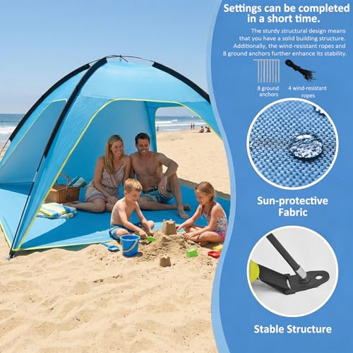 Beach Tent Sun Shelter, Portable Pop Up Beach Tent for 4-5 Person with UPF 50＋ UV Protection, Easy Setup Lightweight Waterproof Ventilation Design Family Sun Shelters for The Beaches