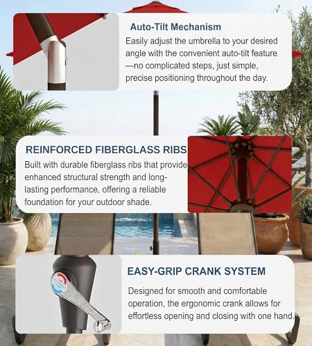 PatioKingdom Auto-Tilt 9FT Patio Umbrella Outdoor with 8 Sturdy Fiberglass Ribs,Market Table Umbrella for Pool,Backyard,Deck and Garden - color: Red, size: 9FT