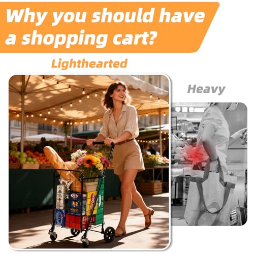 Foldable Shopping Cart with 360° Wheels, Collapsible & Lightweight Utility Cart for Groceries, Laundry, Travel, All-Purpose Rolling Trolley with Comfort Grip (Black, Small) - size: Small - Basic