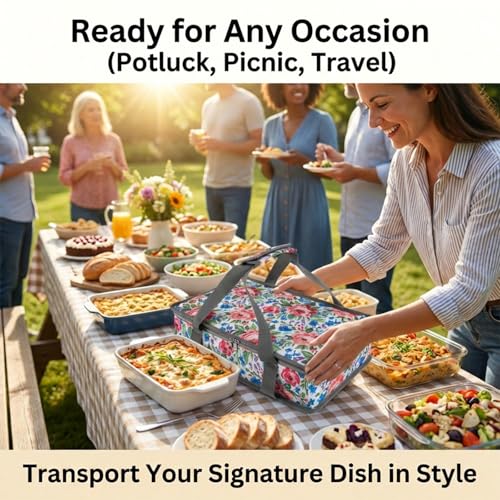Insulated Casserole Carrier Fits Pioneer Woman Kitchen Stuff & 9x13 Baking Dish, Leakproof Lasagna Lugger Tote, Thermal Food Warmer Bag for Potluck, Picnic, Travel - Vintage Floral & Mom Gifts - color: Floral#6
