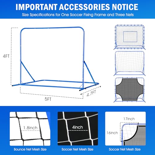 Soccer Baseball Volleyball Rebounder Net, Quick-Switch Angle Dual-Sided/Dual/Three Mode Goal Net Multi-Sport Pitchback Rebound for Control, Passing Practice, Easy Setup Bounce Back Training Gifts - size: 5FTx4FT