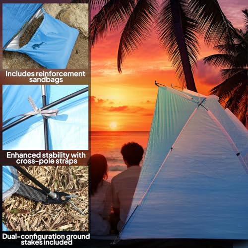 Chihee Beach Tent for 1/2/3 Person, Portable Camping Sun Shelter with Extended Floor, UV Protection Silver Coated Canopy, Privacy Changing Option, Wind Resistant with Sandbags, Lightweight Beach Shade