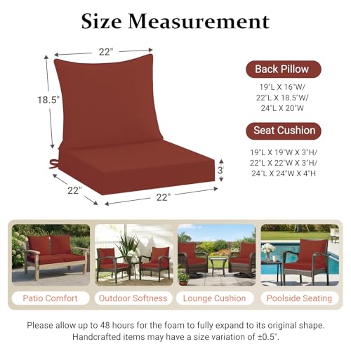 downluxe 22x22 Outdoor Chair Cushions, Waterproof Fade Resistant Patio Furniture Cushions with Handle & Removable Cover, Deep Seat Outdoor Cushions for Sofa, Couch and Patio Chairs, Brick Red - color: Brick Red, size: 22 x 22 Inch