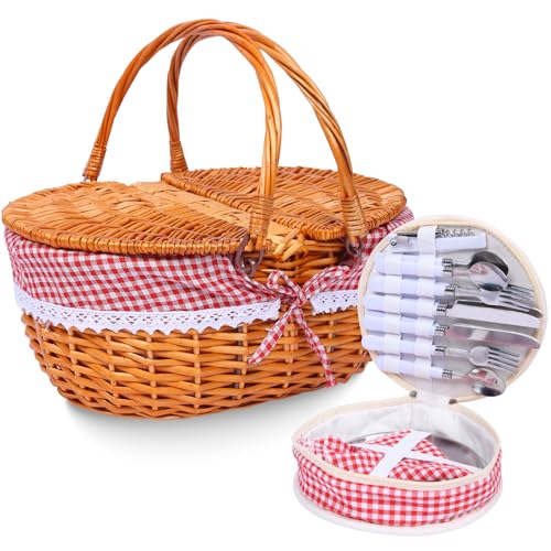 Wicker Picnic Basket with Handle, 15" Large Picnic Basket with Lid & Removable Liner, Vintage Hand Woven Basket with Cutlery Set for Picnics, Camping, Thanksgiving, and Birthday - color: Red-white Grid, size: 4-person