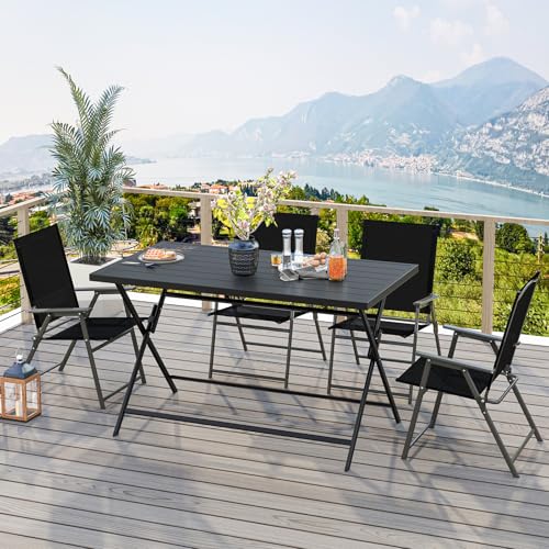 Tangkula 48" Foldable Outdoor Dining Table, Rectangular Metal Patio Table with Slatted Tabletop, Folding Bistro Barbecue Picnic Dinner Table for Indoor Kitchen Outside Garden Backyard Balcony Lawn