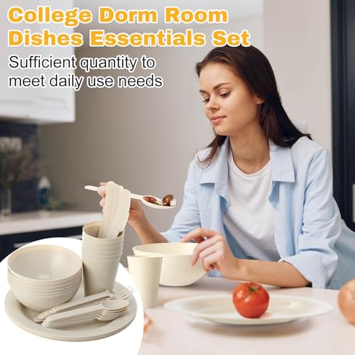 LemonRoad 6 Set College Dorm Dishes Essential Kit, Plates and Bowls Back to School Beige Room Dishes Set with Storage Mesh Bag Cup, Microwave Dinnerware Picnic for RV Camping
