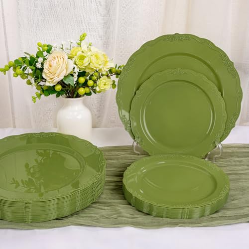 U-QE 100PCS Olive Green Plastic Plates - Plastic Green Plates Disposable Heavy Duty - Olive Disposable Plates for Party Including 50PCS 10'' Dinner & 50PCS 7.5'' Dessert Plate - color: Green