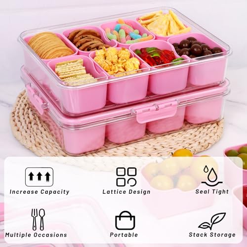 Snack Box Container with Insulated Cooler Bag, Divided Serving Tray with Lid and Handle Beach Essentials, Snackle Box Veggie Fruit Tray with 8 Compartments & 8 Forks & 2 Spoon Pink - size: Pink