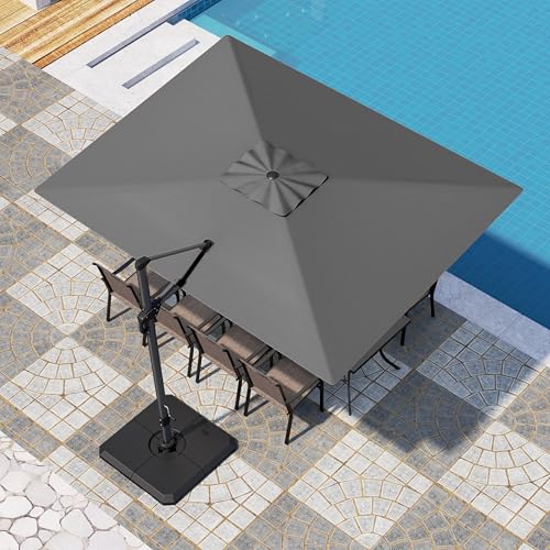 PHI VILLA 9'x12' Outdoor Patio Deck Umbrella with Base. 360° Rotation & 6-Level Tilt with Easy Crank Handle. Rectangle Offset Cantilever Umbrella Heavy Duty for Garden Poolside Backyard (Grey) - color: Grey, size: 9'x12'- With Base