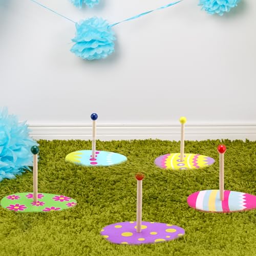 Kathfly 5 Set Easter Egg Ring Toss Game with 5 Targets Stands and 10 Rings Set Easter Egg Activities Toys Party Gifts for Indoor Outdoor Family Backyard Activity