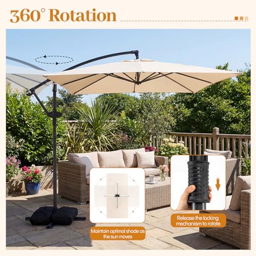 Tangkula 8x8 FT Patio Umbrella with Base Included, Square Offset Cantilever Outdoor Umbrella with 360 Degree Rotation, Crank Handle, Sandbags, 8 Ribs for Pool Deck Garden Backyard - color: Beige, size: 8 FT