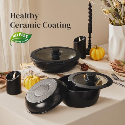 Redchef 16pcs Ceramic Pots and Pans Set Non Stick, Nonstick Kitchen Cookware Set with Detachable Handle, Non Toxic, PFAS PFOA & PTFE Free, RV Cookware Set for Camping, Dishwasher/Oven Safe (Black) - size: 16 pcs Black