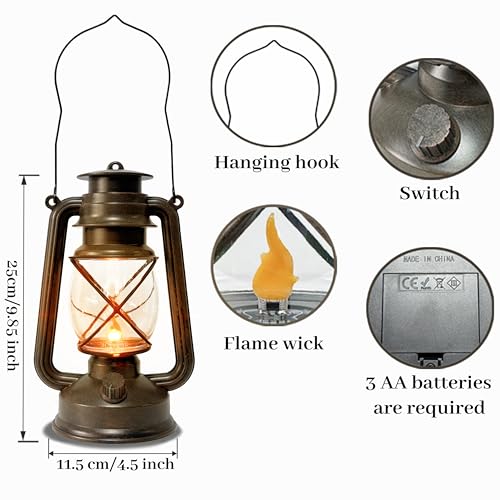 Vintage Lantern LED Outdoor Battery Powered Lanterns with Dancing Flame Wick Waterproof Camping Lamp Non-Solar Hanging Lantern Lights Landscape Decor for Indoor/Outdoor Use- Bronze Color - style: Bronze color