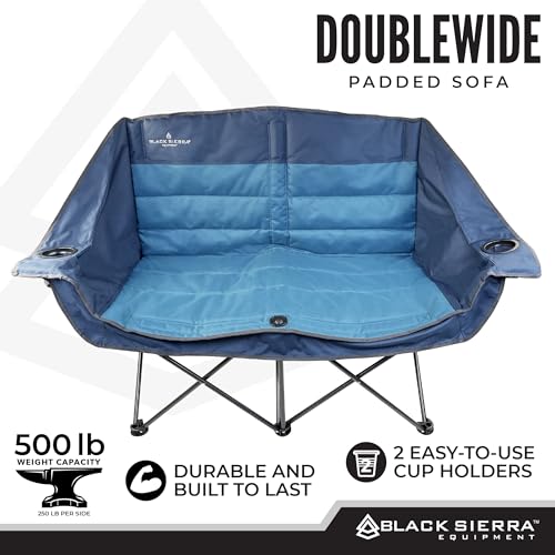 Black Sierra Double Camping Chair, Padded Oversized Loveseat, 2 Person Folding Seat Supports 500 lbs, Portable Outdoor Sofa for Beach, Tailgating, RV, Sports, Patio - color: Denim and Moroccan Blue