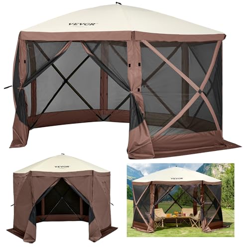 VEVOR Pop Up Gazebo Screen Tent, Pop-Up Instant Gazebo Tents with Mosquito Netting Outdoor Canopy, 6 Sided Sun Shelter 10x10ft with 6 Removable Wind Cloths & 2 Mesh Windows, Pavilion Tent for Patio - color: Brown, size: 10x10ft