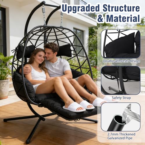 Double Egg Swing Chair with Stand, Oversized 2-Person Indoor Outdoor Hanging Hammock Chairs with Cushion, Wide and Large Comfy Loveseat, Sturdy Porch Swings for Bedroom, Balcony, Garden (Black)