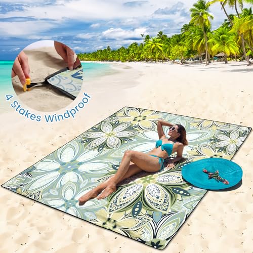 HIHOHO Beach Blanket Waterproof Sandproof Beach Mat for 1-8 Adults Quick Drying Durable Outdoor Picnic Mat for Beach Festival Travel Camping Hiking (Flourishing Blossom-Y&GN, 79"×83"(4 Person)) - color: Flourishing Blossom-y&gn, size: 6'11" x 6'7"