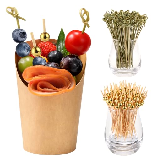 CockStixs 100 Pcs 12 oz Charcuterie Cups with Bamboo Skewers, Disposable Paper Appetizer Snack Holder Brown with Cocktail Picks (100 Cups + 200 Skewers) - size: 100 Pcs Set